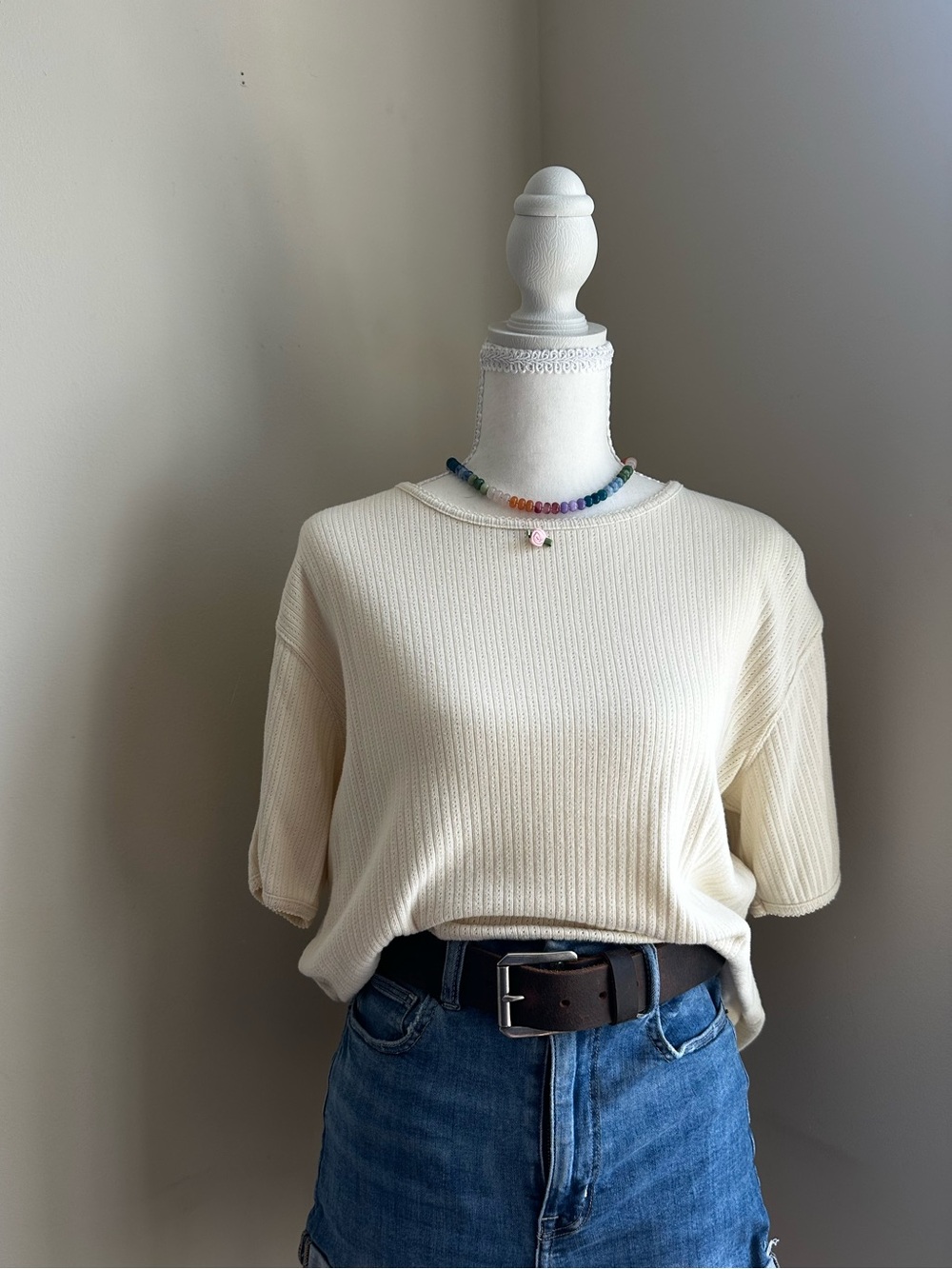 Marisa Christina Cream Ribbed Short Sleeve Tee